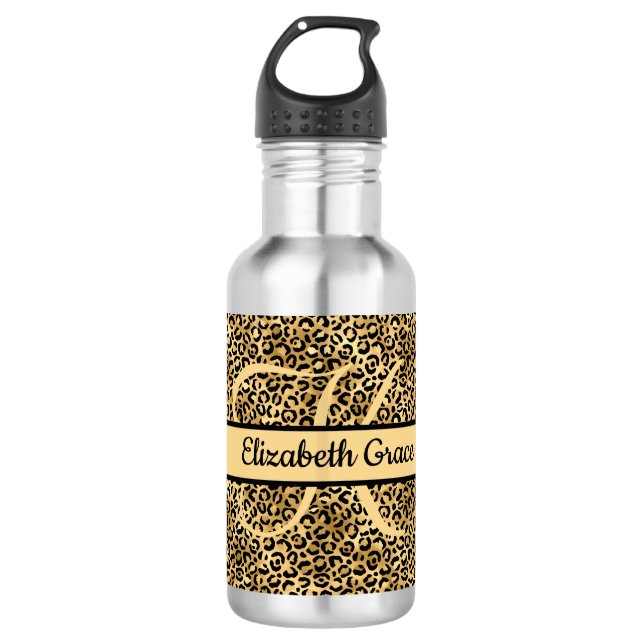 Bouteille D'eau Nom Monogramme Imprimé Léopard Noir Or Guépard  (Devant)
