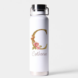 Bouteille D'eau Nom personnalisé Blush Rose Fleur Lettre C Or Feui