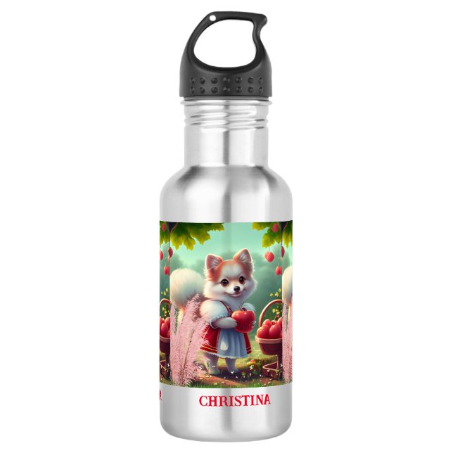 Bouteille D'eau Nom personnalisé du chien mignon avec pommes (Devant)