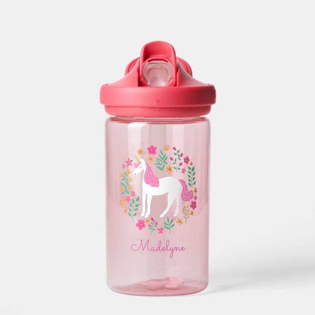 Bouteille D'eau Nom personnalisé Fleurs Unicorne Rose Cute (Avant)