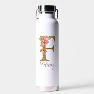 Bouteille D'eau Nom personnalisé Lettre F Rose Blush Feuille d'Or