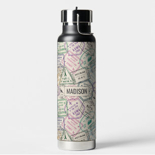 Bouteille D'eau Nom personnalisé Motif Timbres de voyage