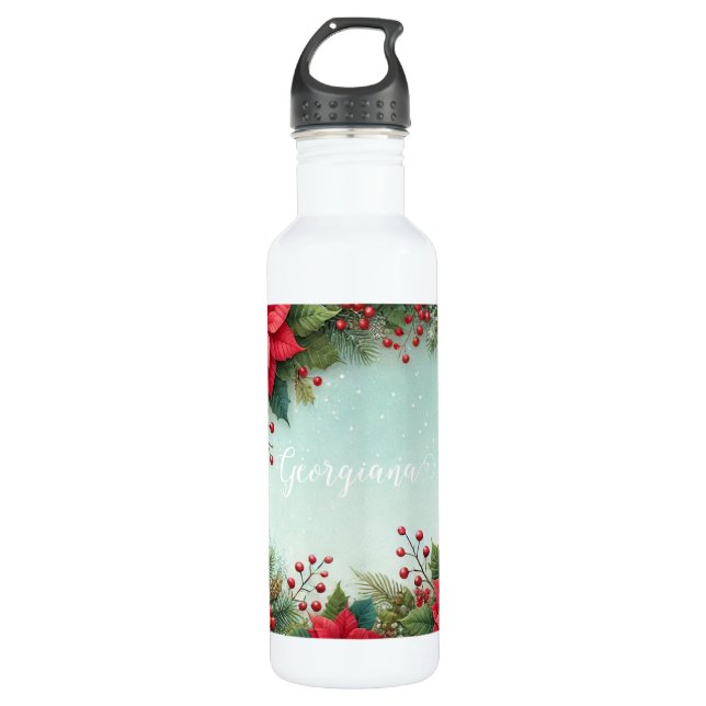 Bouteille D'eau Nom personnalisé Noël Floral Aquarelle Poinsettia (Devant)
