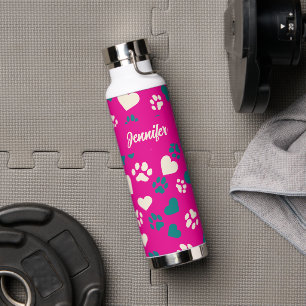 Bouteille D'eau Nom personnalisé Rose avec Empreintes de pattes Tu