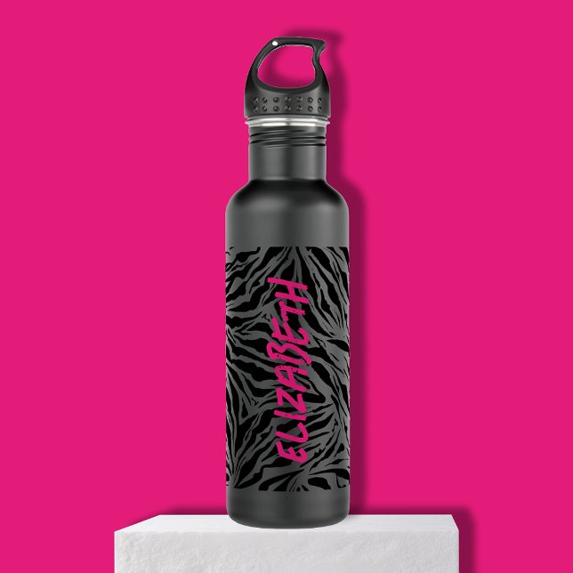 Bouteille D'eau Nom rose chaud chic sur Zebra Print (Personalized chic zebra print on matte black stainless steel water bottle)
