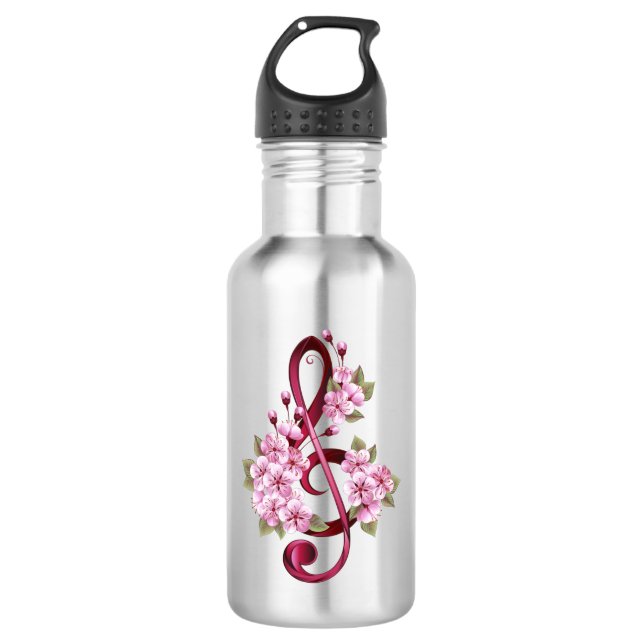 Bouteille D'eau Notes de clef musicale en treble avec des fleurs S (Devant)