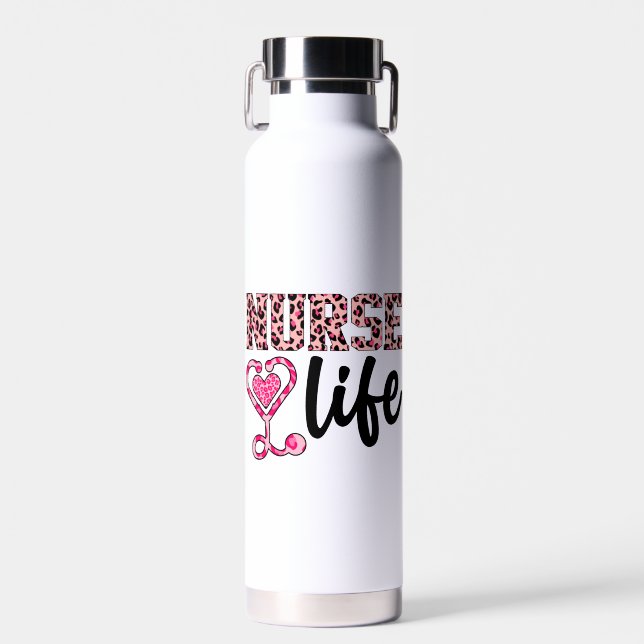 Bouteille D'eau Nurse Life - Rose et Empreinte de léopard (2) (Avant)