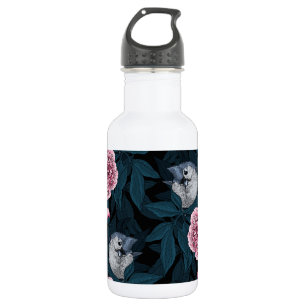 Bouteille D'eau Oiseaux et fleurs de pivoines roses avec feuille