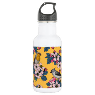Bouteille D'eau Oiseaux et fleurs sur le jaune