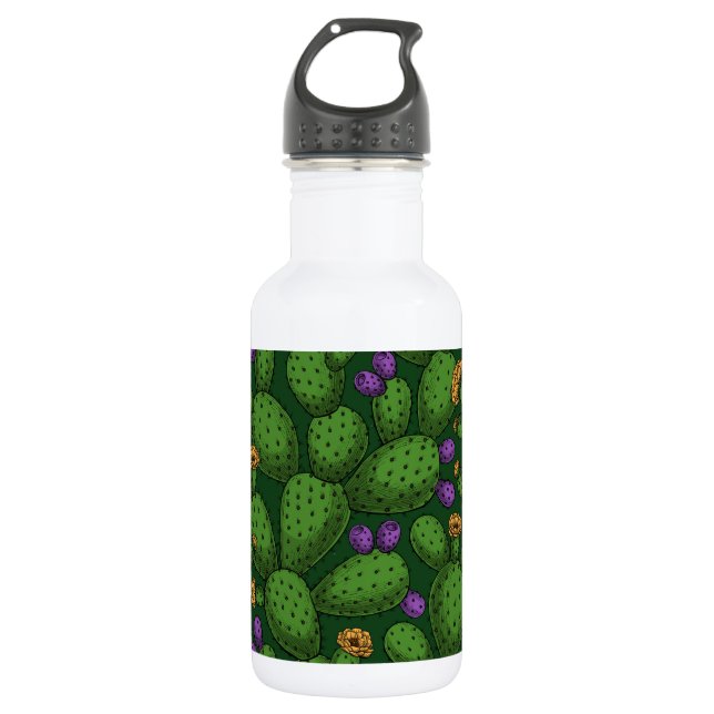 Bouteille D'eau Opuntie de floraison sur vert foncé (Devant)
