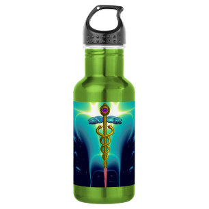Bouteille D'eau OR CADUCUS SYMBOLE MÉDICALE Aqua Bleu Vagues lumin