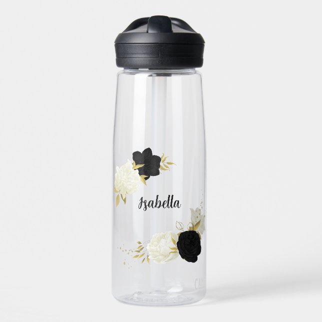 Bouteille D'eau or floral noir et blanc (Avant)