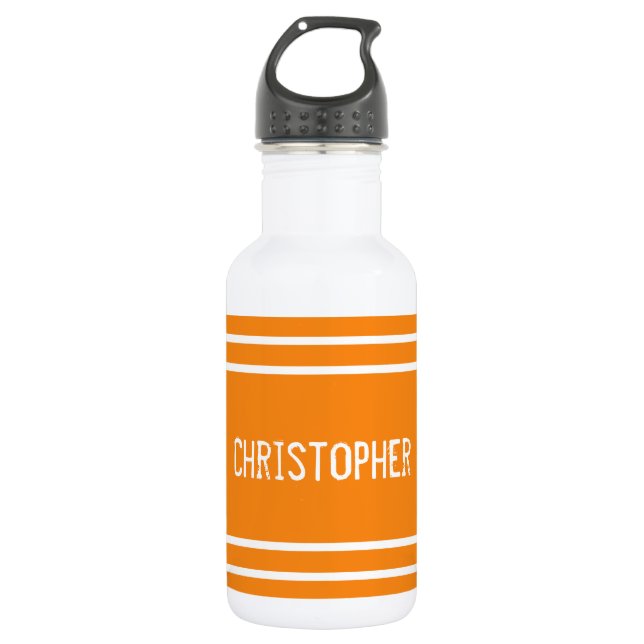 Bouteille D'eau Orange et blanc avec nom et rayures (Devant)
