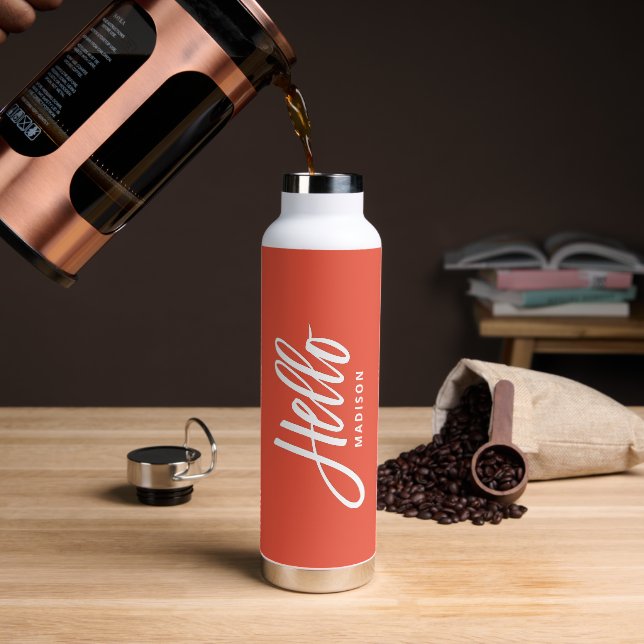 Bouteille D'eau Orange Hello Modern Script simple avec votre nom (Gym)