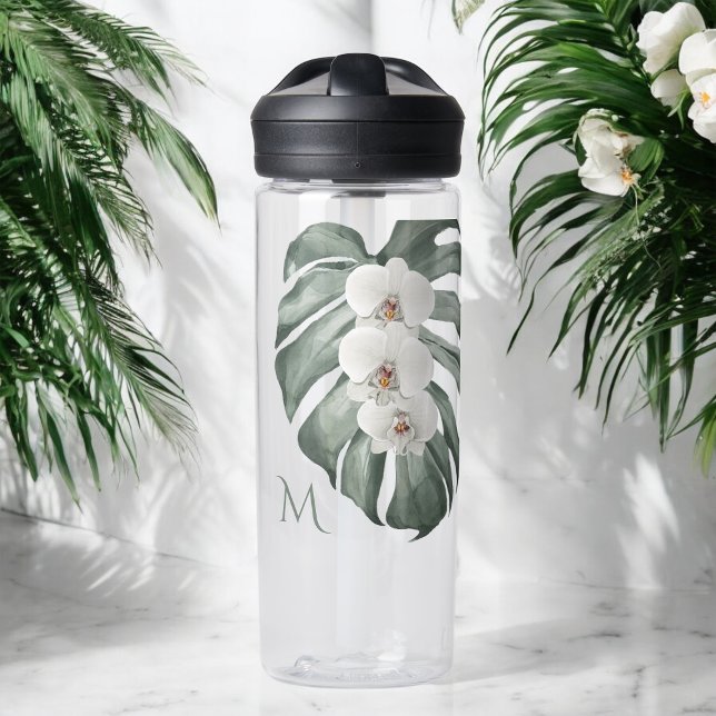 Bouteille D'eau Orchidées blanches tropicales sur Monstera avec Mo (Personalize with any monogram initial. Makes a great gift!)