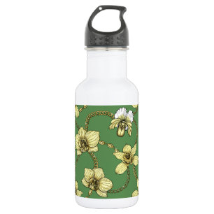 Bouteille D'eau Orchidées et chaînes, jaune et vert kelly
