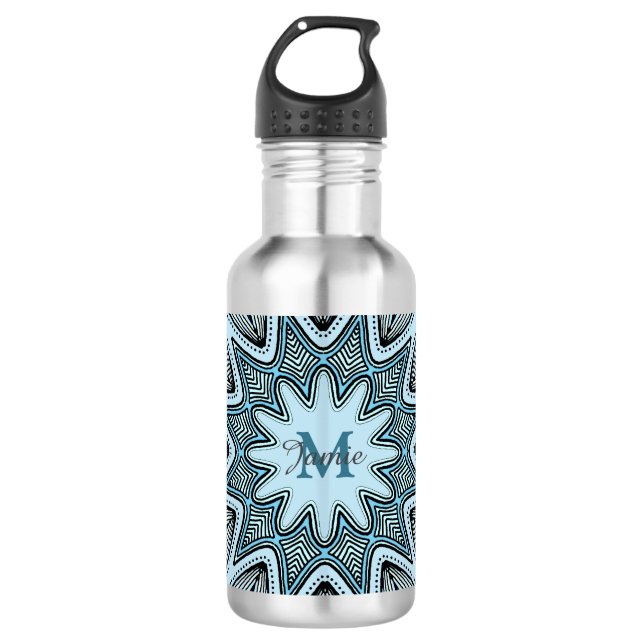 Bouteille D'eau Ornate Blue Monogram Mandala Personalised (Devant)
