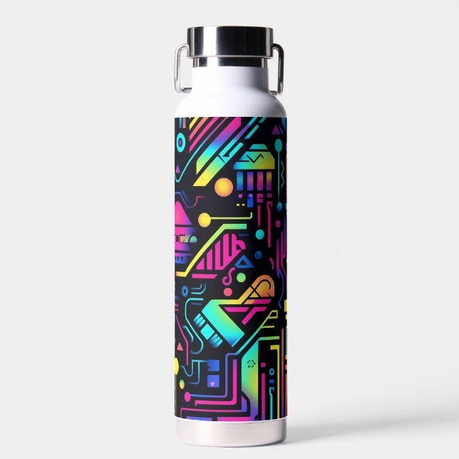 Bouteille d'eau ou gobelet à motif néon rétro tech (Avant)