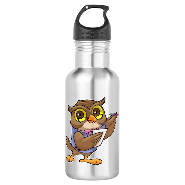 Bouteille D'eau Owl comme secrétaire avec stylo et note (Devant)