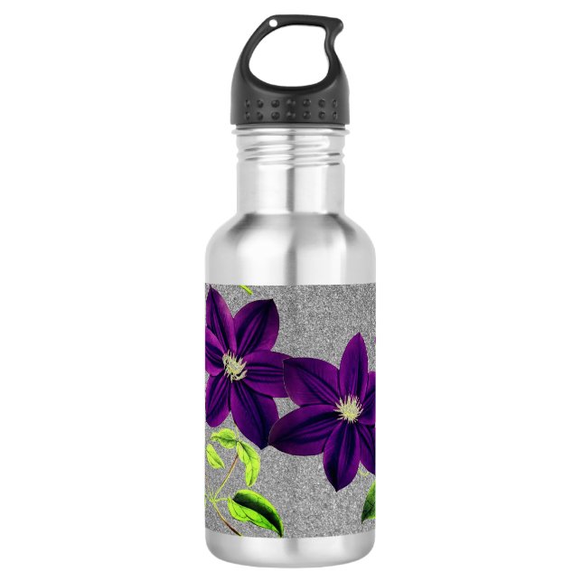 Bouteille D'eau Pailleté Argent avec Clématite Violette Aquarelle (Devant)