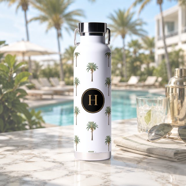 Bouteille D'eau Palme Élégante Monogramme Chic Côté Mer (Créateur téléchargé)