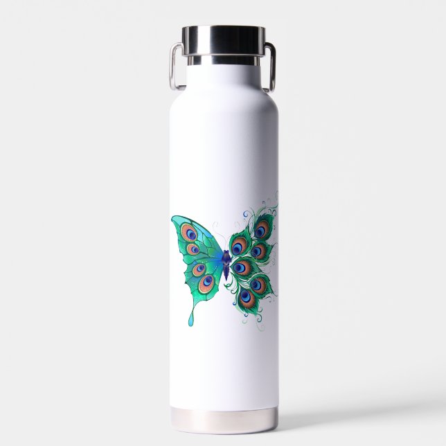 Bouteille D'eau Papillon aux plumes de paon vert (Avant)