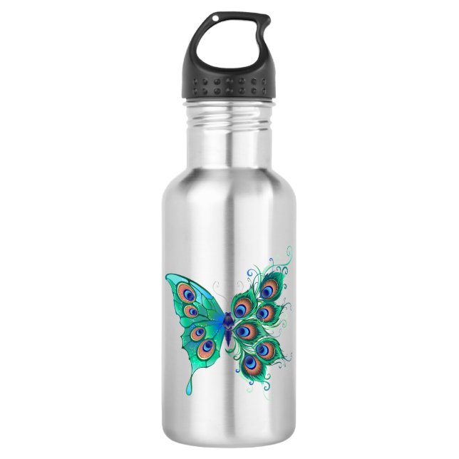Bouteille D'eau Papillon aux plumes de paon vert (Devant)