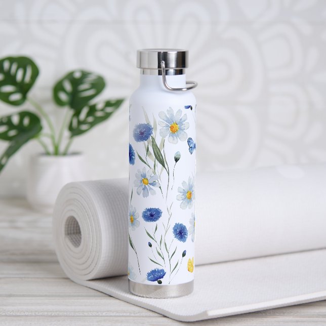 Bouteille D'eau Papillon de prairie de fleurs sauvages aquarelle b (Yoga)