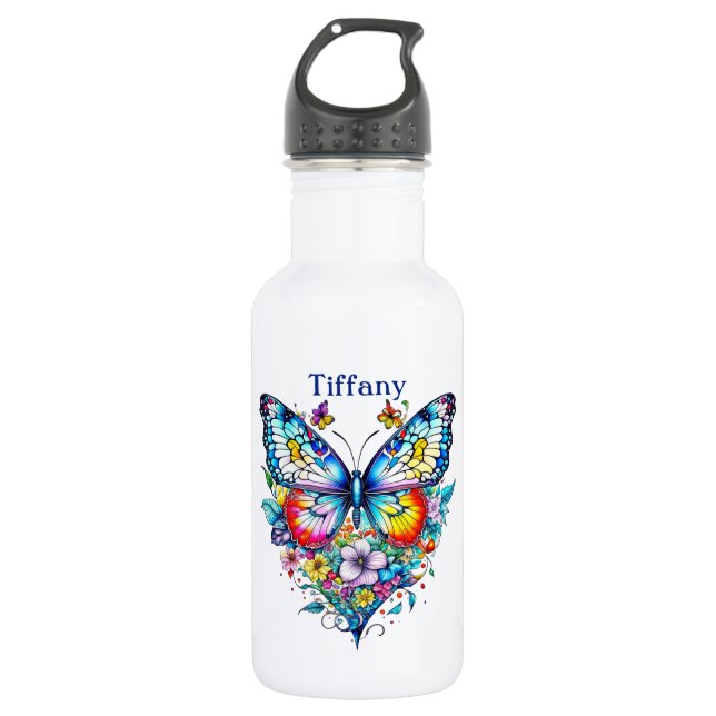 Bouteille D'eau Papillon et coeur floral Personnalisé (Devant)