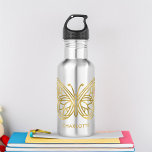 Bouteille D'eau Papillon géométrique Marbre blanc et or<br><div class="desc">Marbre blanc moderne et tendance et feuille d'or imprimé design personnalisé papillon géométrique papillon.</div>