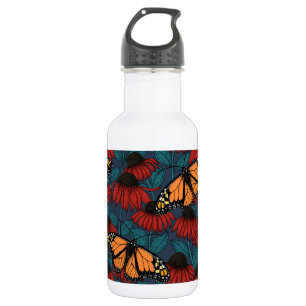 Bouteille D'eau Papillon monarque sur des fleurs rouges