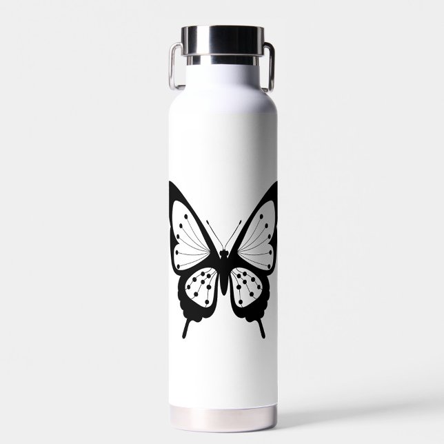 Bouteille D'eau Papillon noir (A sleek, modern water bottle featuring a striking black butterfly design on a white background.)