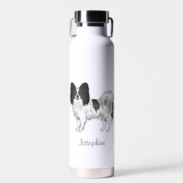 Bouteille D'eau Papillon noir et blanc Chien mignon avec nom perso (Avant)