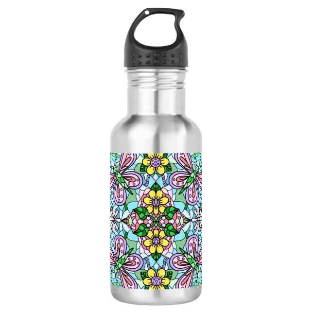 Bouteille D'eau Papillon rose Mandala main Whimsical tiré (Devant)