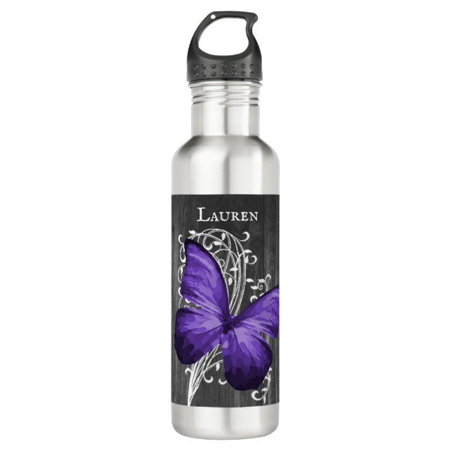 Bouteille D'eau Papillon rustique violet Personnalisé (Devant)