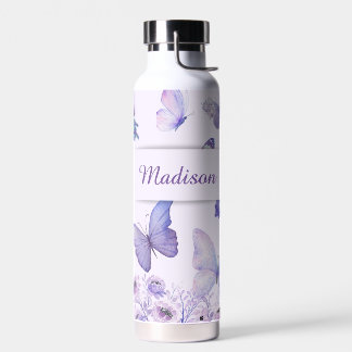 Bouteille D'eau Papillons Aquarelle Fleurs Sauvages Jardin Lilas