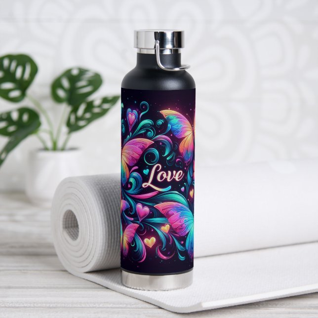 Bouteille D'eau Papillons néon, Coeurs et Amour (Yoga)