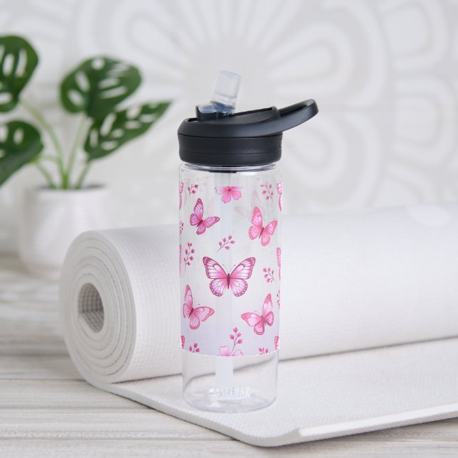 Bouteille D'eau Papillons roses et motif de fleurs (Yoga)