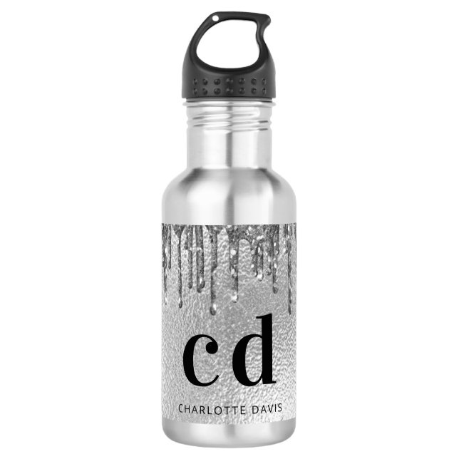 Bouteille D'eau Parties scintillant argent goutte nom monogramme (Devant)