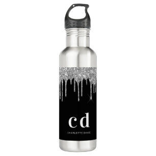 Bouteille D'eau Parties scintillant argent noir goutte monogramme 