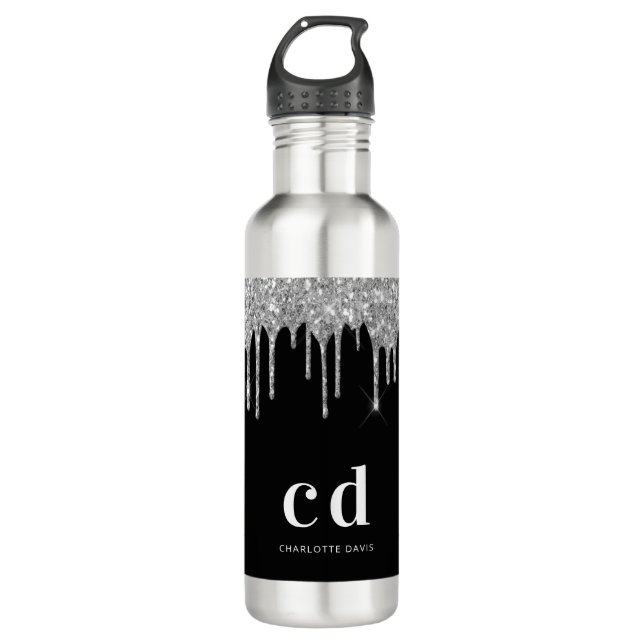 Bouteille D'eau Parties scintillant argent noir goutte monogramme  (Devant)
