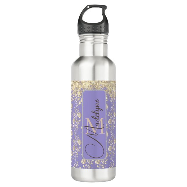 Bouteille D'eau Parties scintillant Gold Floral sur Lavender Perso (Devant)