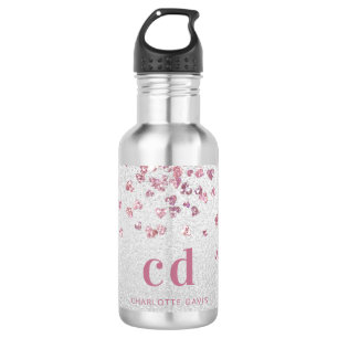 Bouteille D'eau Parties scintillant rose argent coeur monogramme i