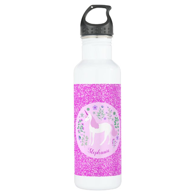 Bouteille D'eau Parties scintillant Unicorne rose personnalisée (Devant)