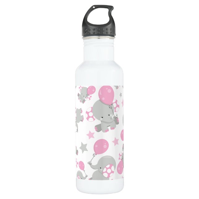 Bouteille D'eau Pattern of Elephants, Cute Elephants - Pink Gray (Devant)