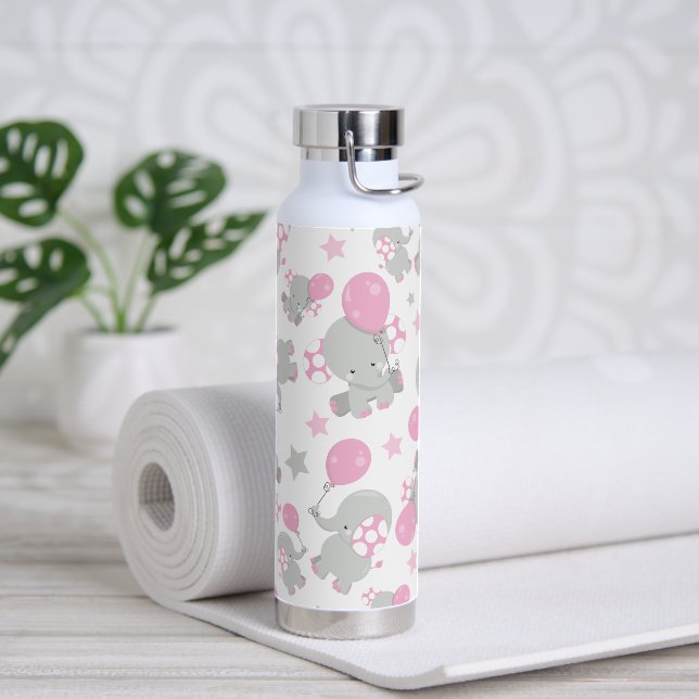 Bouteille D'eau Pattern of Elephants, Cute Elephants - Pink Gray (Yoga)