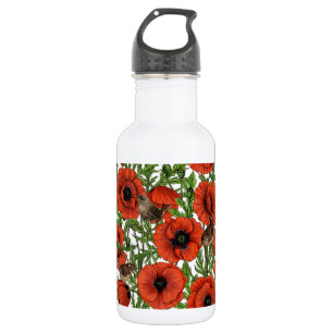 Bouteille D'eau Pavot rouge et brindilles, feuilles verts sur blan