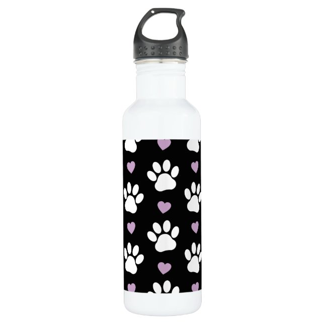 Bouteille D'eau Paw Motif, Chien Paws, White Paws, Lilac Hearts (Devant)