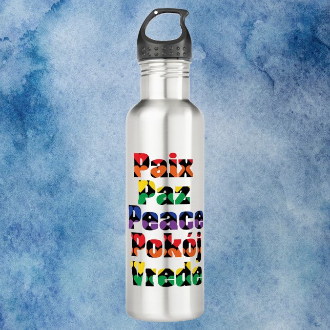 Bouteille D'eau Peace Hearts Motif arc-en-ciel (A water bottle that says peace in a variety of languages with a rainbow heart pattern)