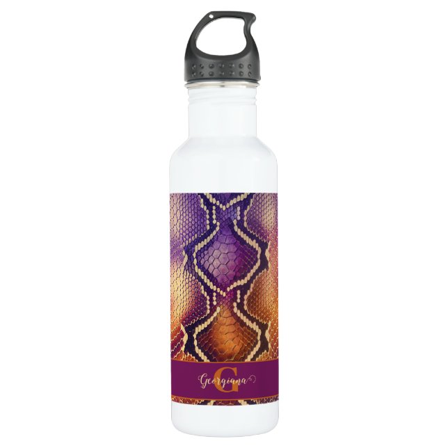 Bouteille D'eau Peau de serpent chatoyante en violet et or monogra (Devant)